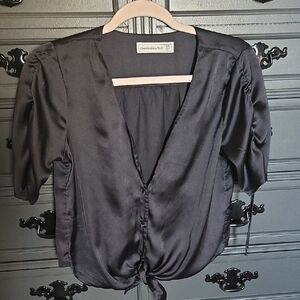 Abercrombie & Fitch Black Satin Blouse with Tie-Front